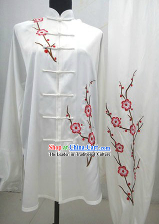 Chinese Plum Blossom White Tai Chi Silk Clothes
