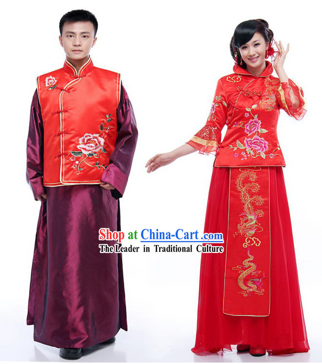 Chinese Classical Mandarin Wedding Dress 2 Sets for Men and Women