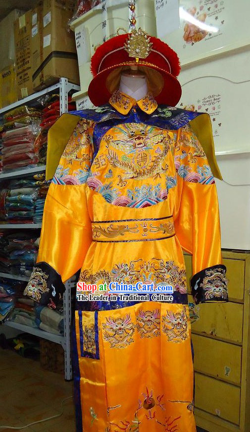 Qing Dynasty Emperor Dragon Costumes and Hat Complete Set