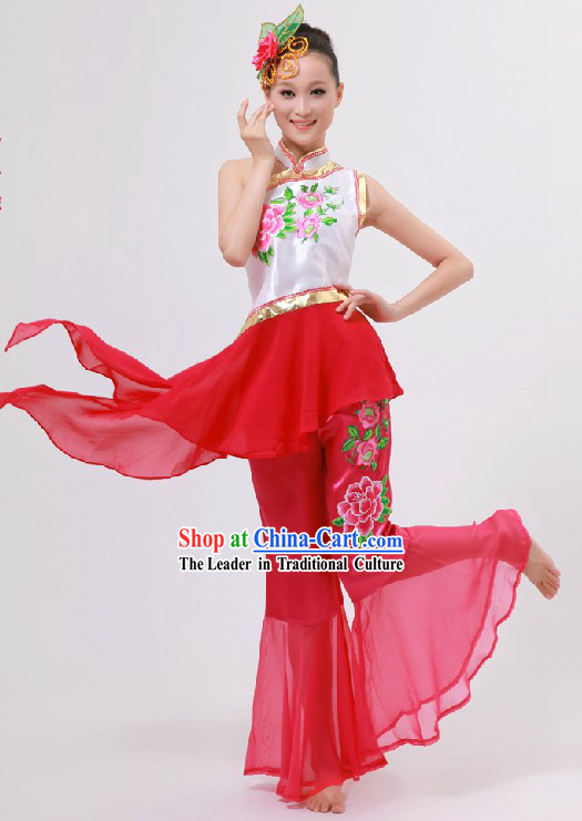 Traditional Chinese Folk Dance Costume and Headpiece for Women