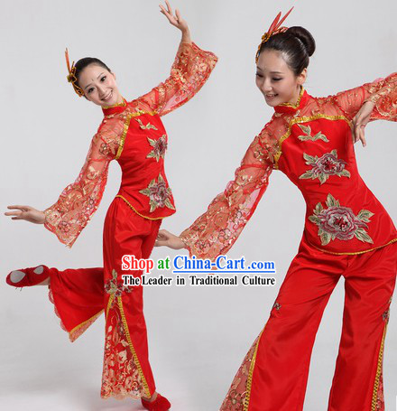 Chinese Classical Yangge Dancing Costume and Headpiece for Women