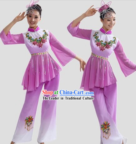 Chinese Classical Purple Fan Dance Costume and Headpiece for Women