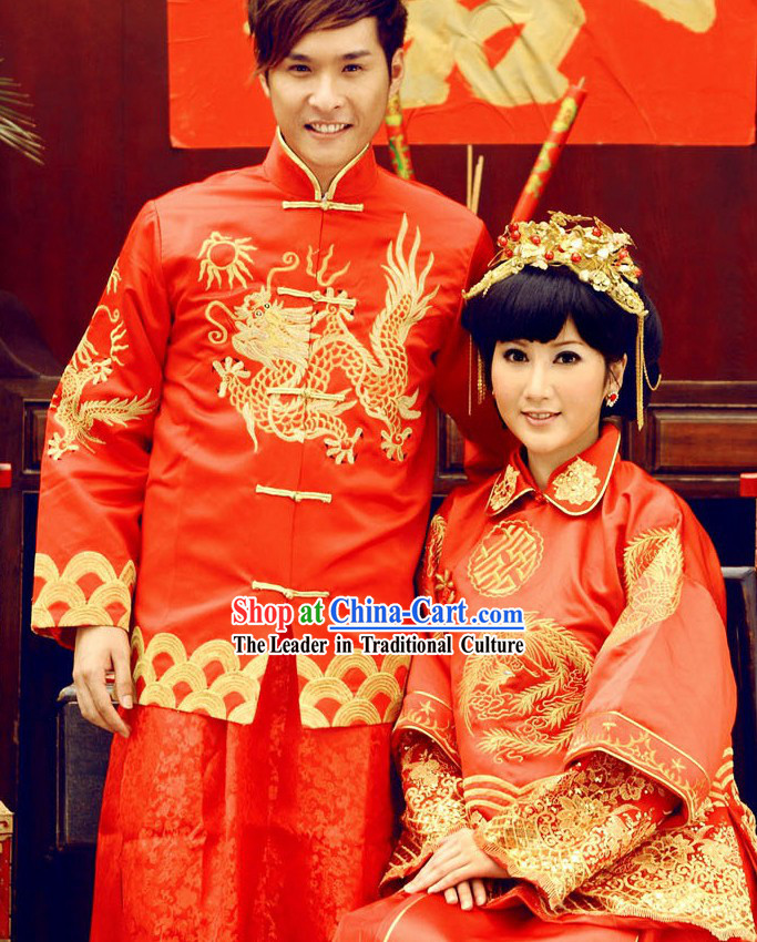 Chinese Classical Embroidered Dragon Phoenix Wedding Dress 2 Complete Sets for Brides and Bridegroom