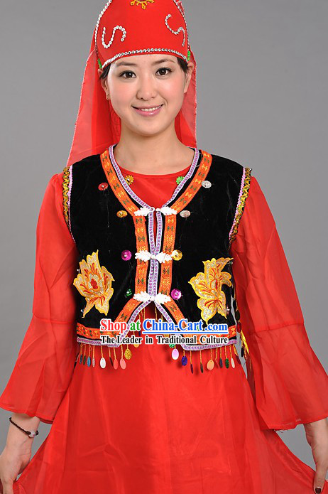 Traditional Chinese Xinjiang Dance Costumes and Hat for Women
