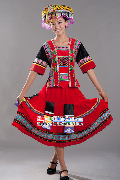 Chinese Miao Nationality Costume and Hat for Women
