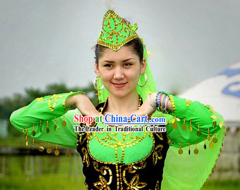 Chinese Xinjiang Green Dance Costume and Hat for Women