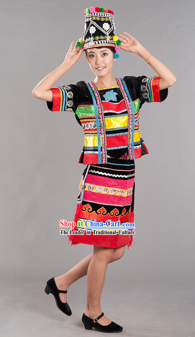 Chinese Hani Nationality Costume and Hat for Women
