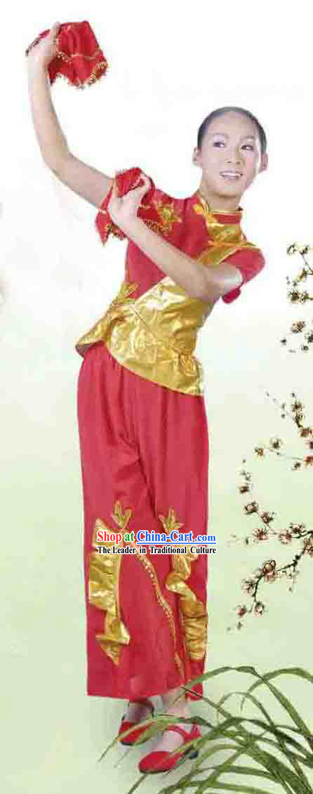 Chinese Han Nationality Yangge Handkerchief Dance Costume for Women