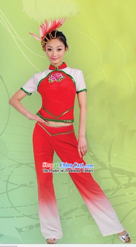 Chinese Folk Fan Dance Costume and Headpiece for Women