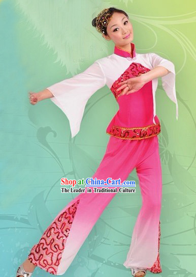 Chinese Pink Folk Dance Costume and Headpiece for Women