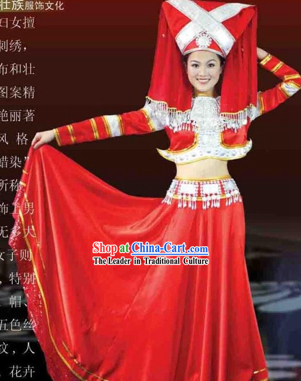 Chinese Zhuang Ethnic Minority Costume and Headpiece for Women