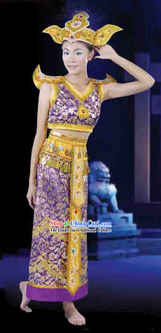 Chinese Dai Ethnic Minority Dance Costume and Headpiece for Women