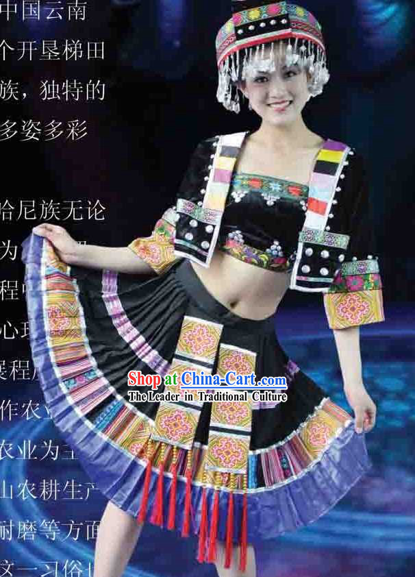 Chinese Hani Ethnic Minority Dance Costume and Hat for Women