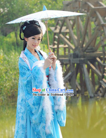 Ancient Chinese Blue Lady Costume and Headwear Complete Set