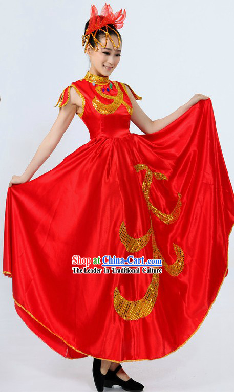 Traditional Chinese Red Dance Costume and Headpiece for Women
