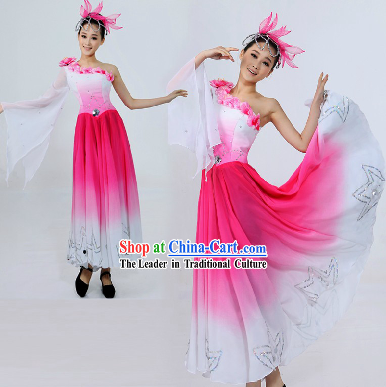Traditional Chinese Pink Flower Dance Costume and Headpiece for Women