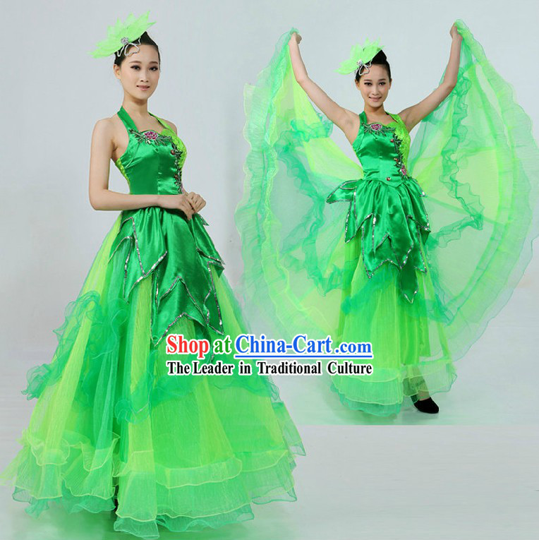 Traditional Chinese Green Opening Dance Costume and Headpiece for Women