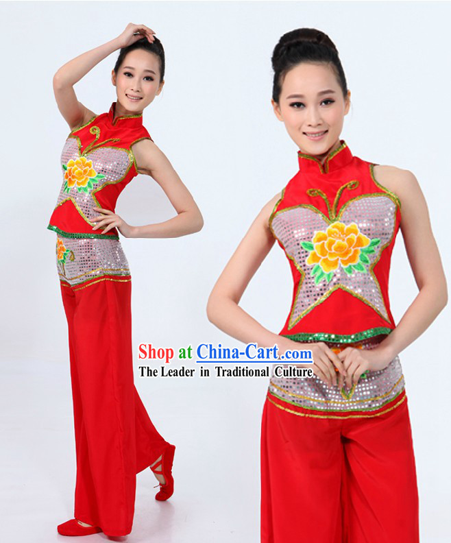 Traditional Yangge Folk Fan Dance Costume and Headpiece for Women