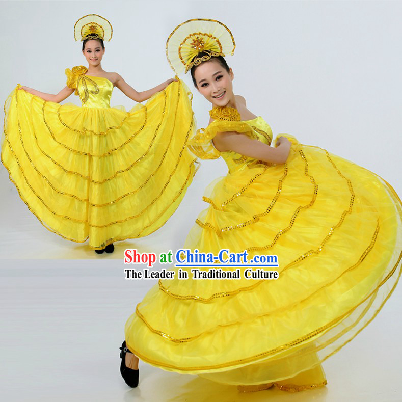 Chinese Modern Yellow Dance Costume and Headpiece for Women