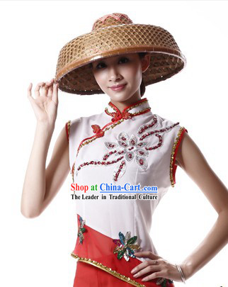 Color Transition Fan Dance Costume and Bamboo Hat Complete Set