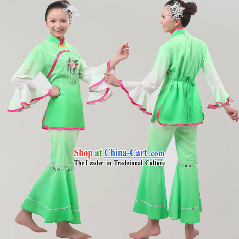 Chinese White and Green Color Transition Fan Dance Costumes