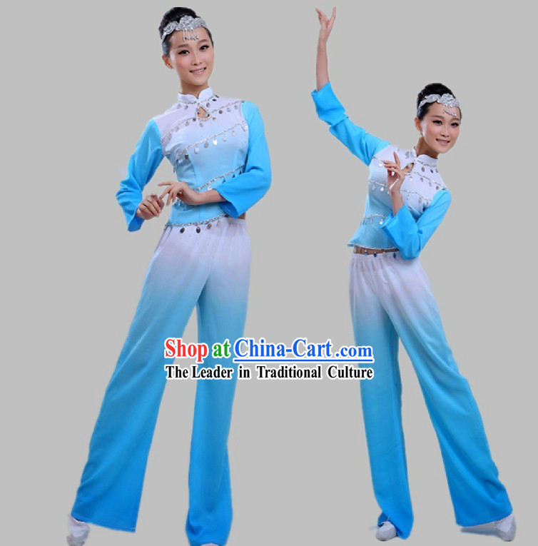 Chinese White and Blue Color Transition Fan Dance Costumes