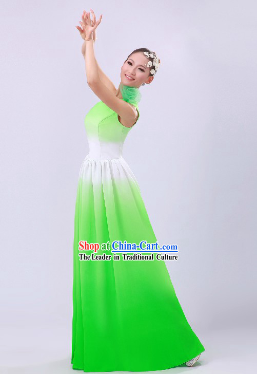 Chinese Green to White Color Transition Modern Dance Costume
