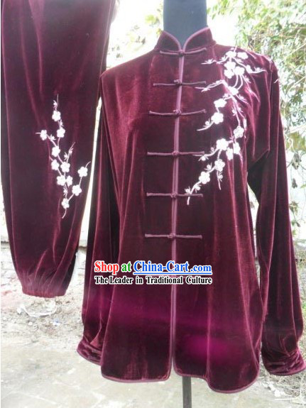 Red Velvet Plum Blossom Embroidery Kung Fu Dress Complete Set
