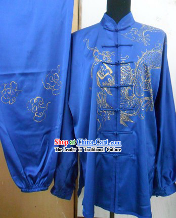 Blue Martial Arts Competition Silk Dragon Uniform for Men