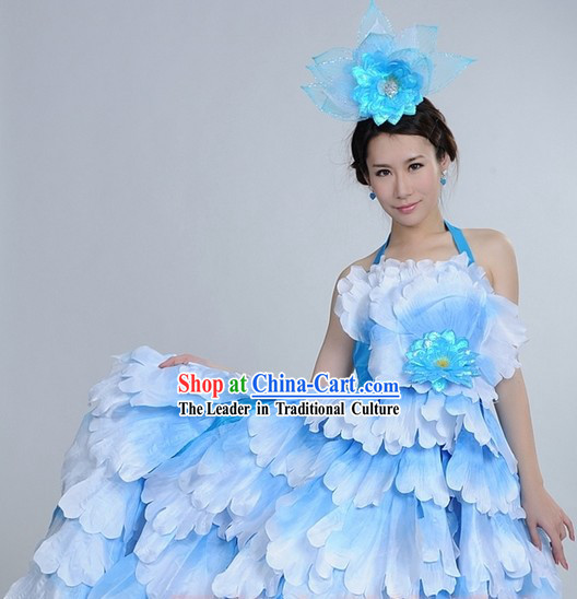 Blue Color Transition Flower Dance Costumes and Headpiece Complete Set for Women