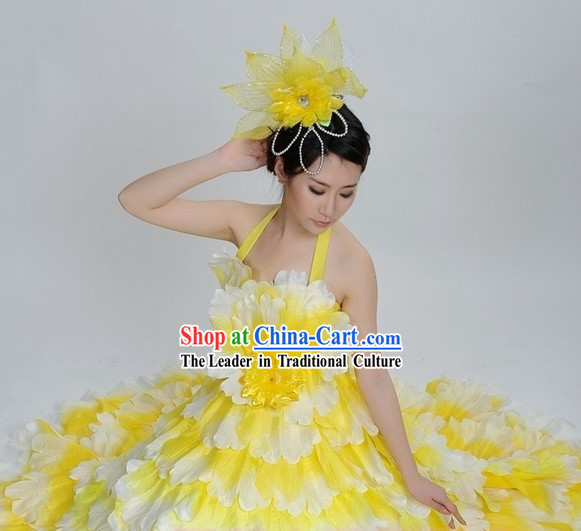 Yellow Color Transition Flower Dance Costumes and Headpiece Complete Set for Women
