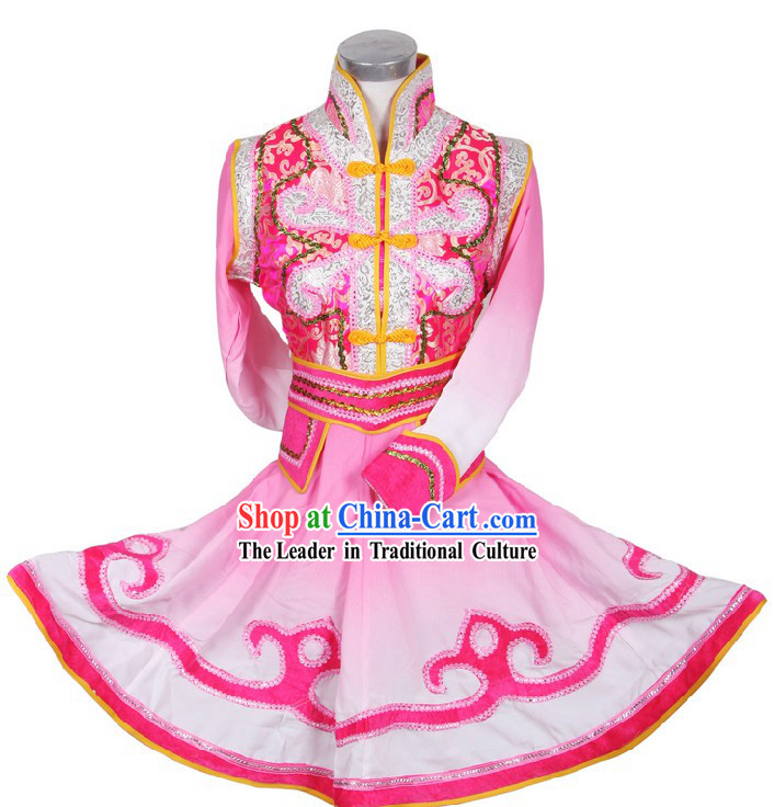 Pink Color Transition Mongolian Dance Costumes and Hat for Women