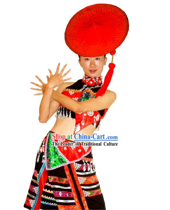 Chinese Hua Yao Dai Minority Dance Costume and Bamboo Hat for Women