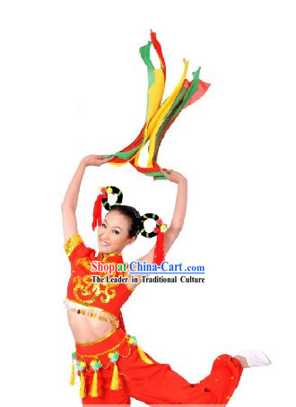 Chinese Red Yangge Ribbon Dance Costume and Hair Accessories for Women