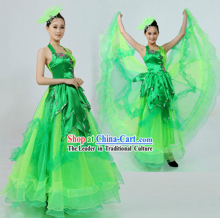 Chinese Classical Green Leaf Dance Costumes and Headpiece for Women