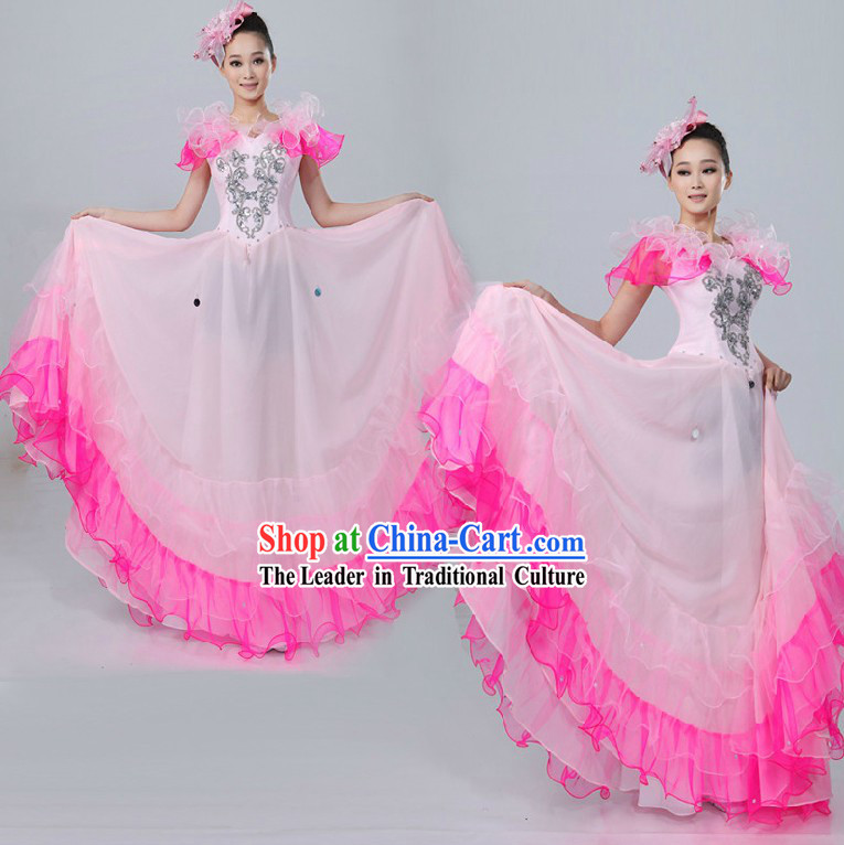 Chinese Classical Pink Flower Dance Costume and Headpiece for Women