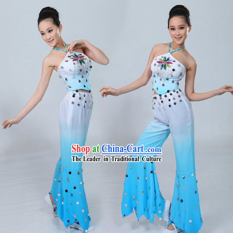 Traditional Chinese Blue and White Fan Dance Costume Complete Set