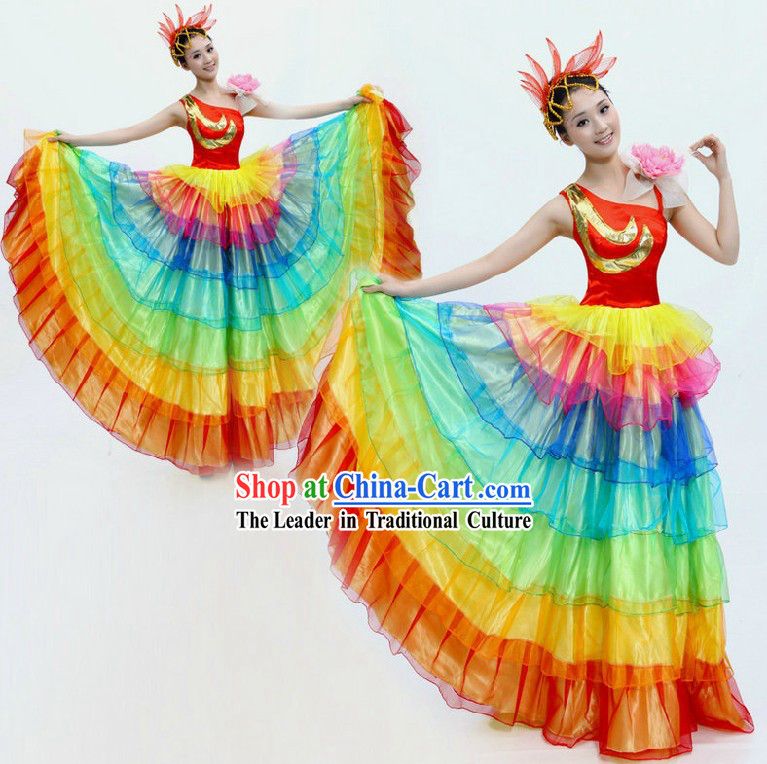 Traditional Chinese Rainbow Accompany Dance Costume and Headpiece