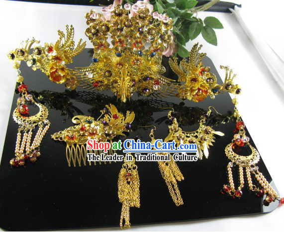 Chinese Classical Handmade Wedding Phoenix Hair Accessories and Earrings for Brides