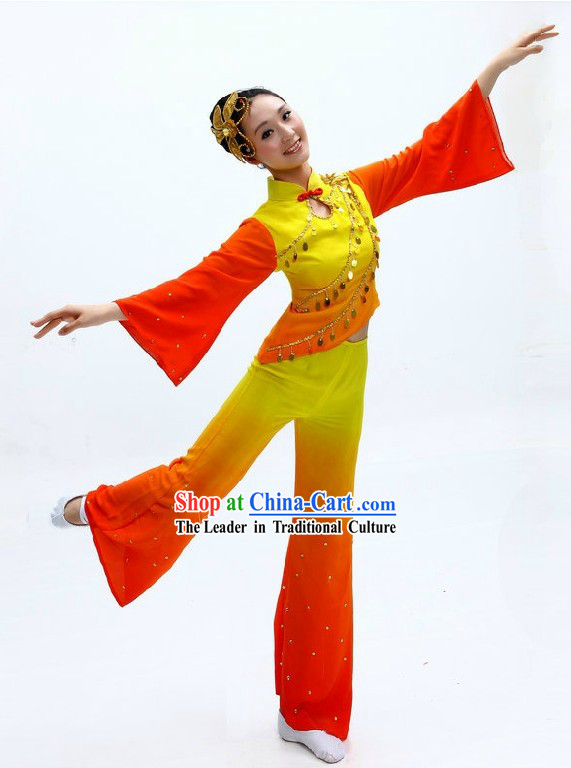 Chinese Classical Red and Yellow Color Transition Fan Dance Costume for Women