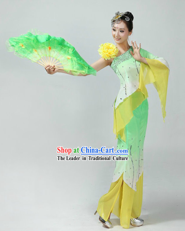 Traditional Chinese Color Transition Fan Dancing Costume and Hair Accessories for Women