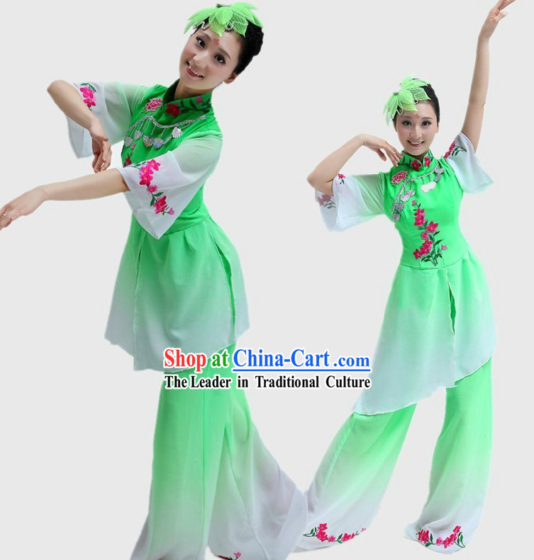 Chinese Classical Stage Performance Green Dance Costume and Headpiece for Women