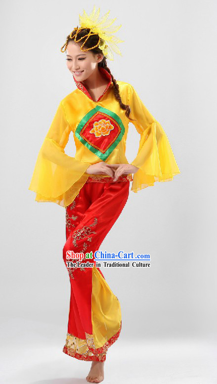Traditional Chinese Group Dance Costume and Hair Accessories for Women