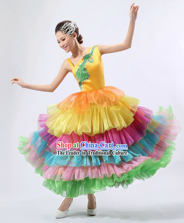 Chinese Stage Performance Dance Skirt Costume and Headpiece for Women