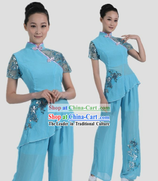 Traditional Chinese Blue Fan Dance Costume for Women