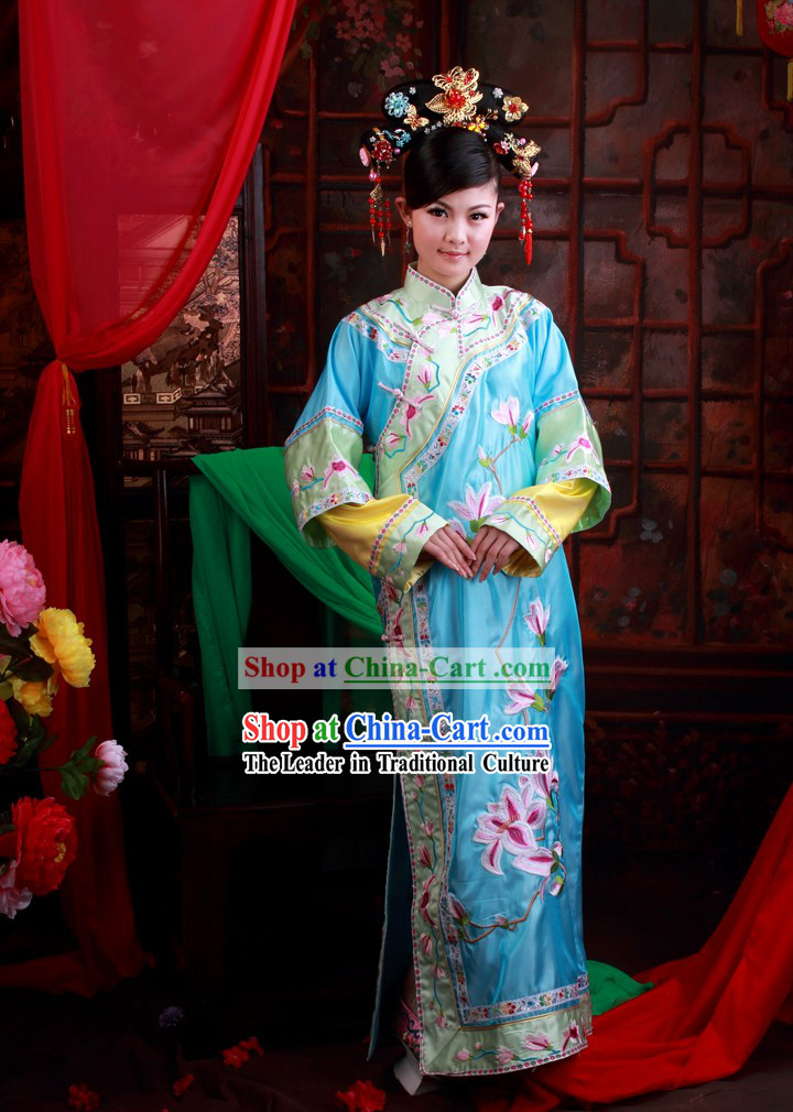 Ancient Chinese Qing Dynasty Sky Blue Princess Embroidered Clothes and Shoes