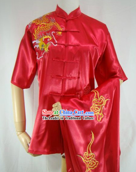 Chinese Classical Red Embroidered Dragon Kung Fu Uniform for Women