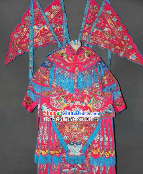Ancient Chinese Embroidered Phoenix Armor Costumes with Flags for Women