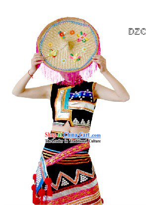 Traditional Chinese Dai Ethnic Dance Costume and Bamboo Hat Complete Set for Women