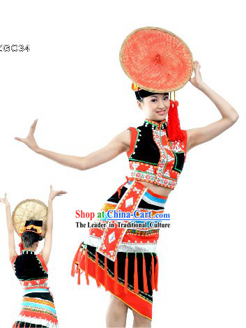 Traditional Chinese Dai Dance Costumes and Bamboo Hat Complete Set for Women
